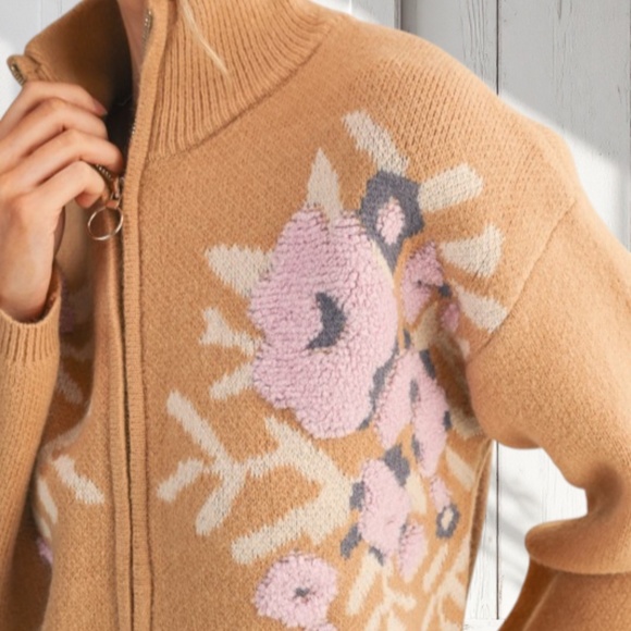 Taupe Floral Zip Up Cardigan Knit Drop Shoulder Long Sleeve Sweater Misses Fall - Picture 1 of 3